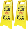 2 Pack Caution! SLOW - KIDS at PLAY! Signs, Double Sided, High Visibility Yellow Color, Fold-Out Standing Signs, Portable with Carrying Handle - by SciencePurchase