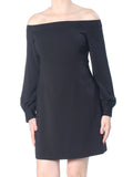JILL STUART Womens Black Darted Long Sleeve Off Shoulder Above The Knee Cocktail Sheath Dress 2