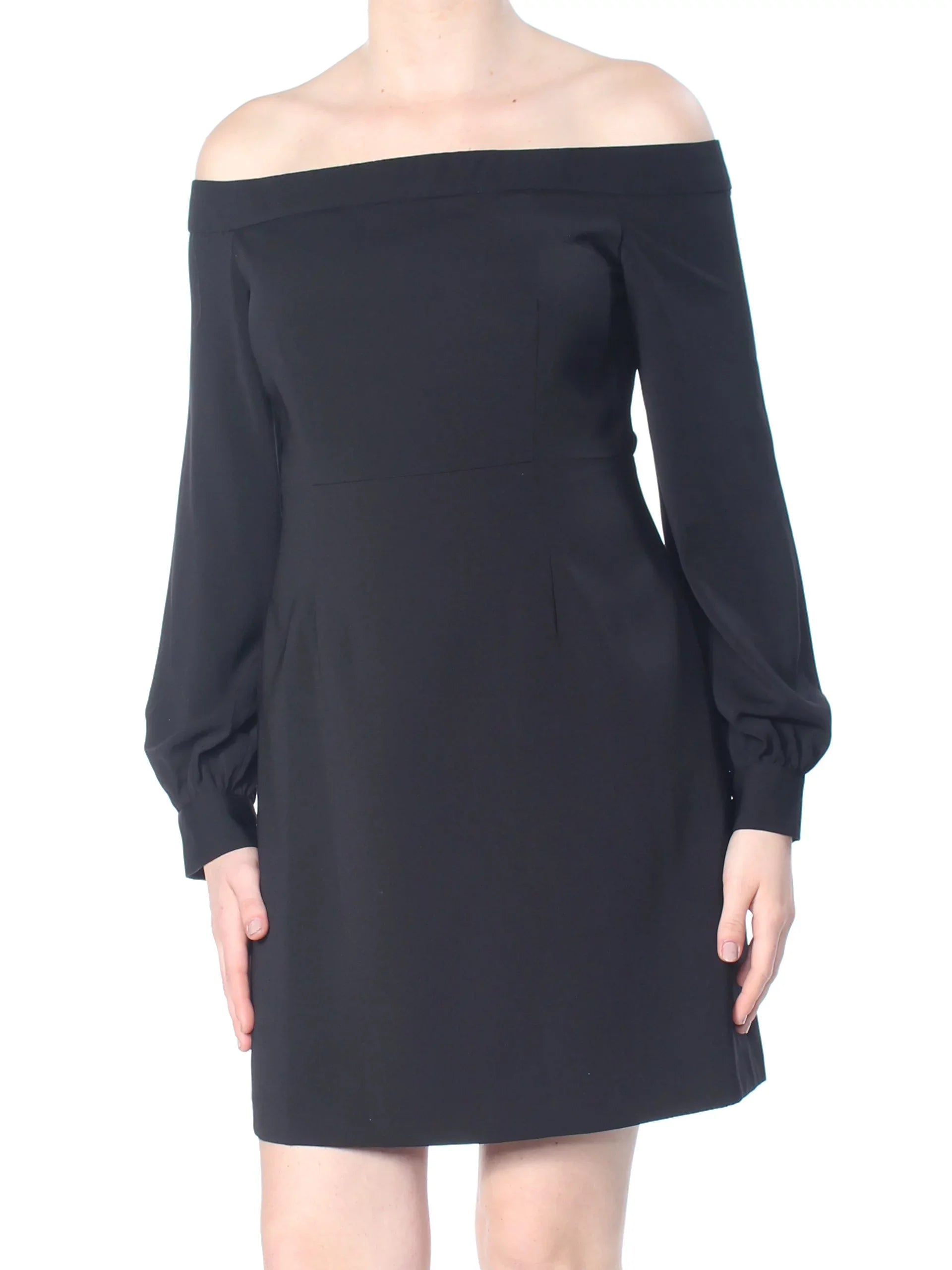 JILL STUART Womens Black Darted Long Sleeve Off Shoulder Above The Knee Cocktail Sheath Dress 2