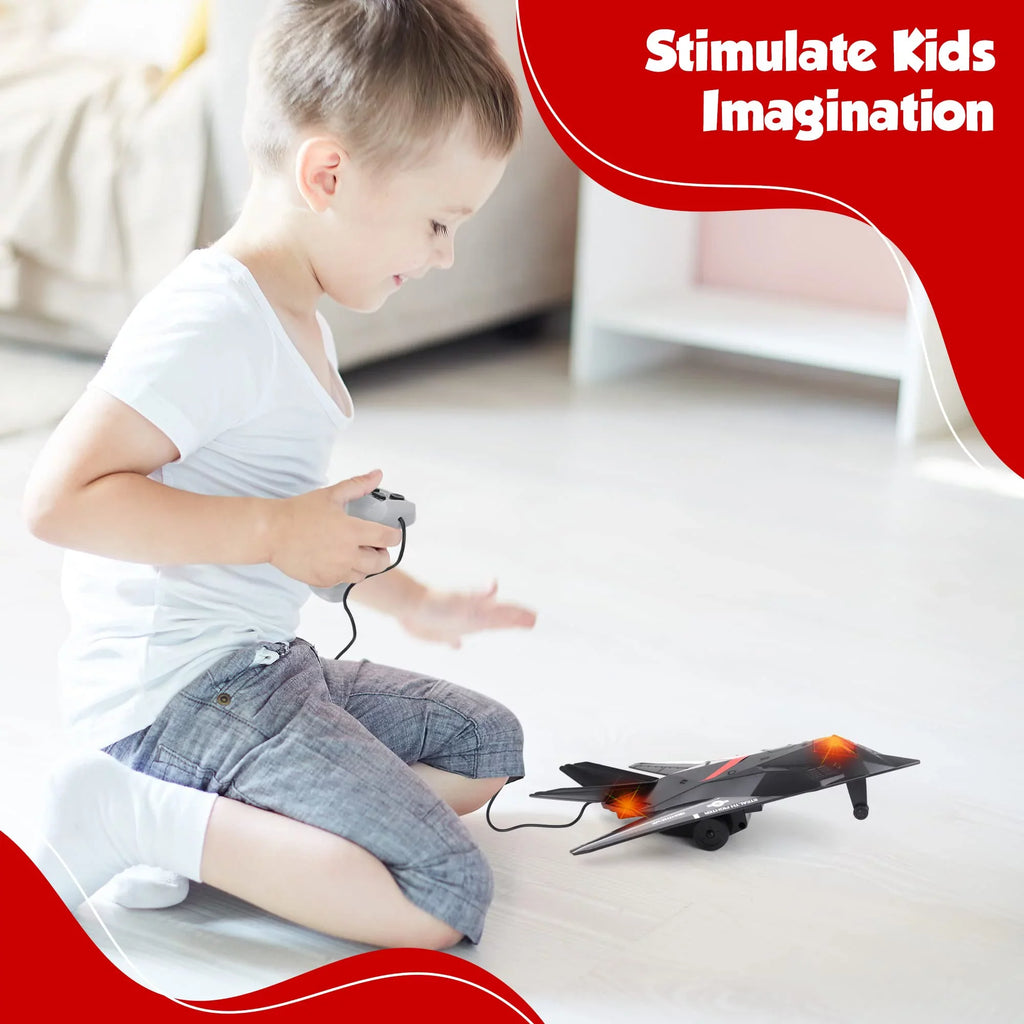 Playkidiz Wired Remote Control Plane, with Lights & Sounds Stealth Fighter Airplane Toy with 43" Wire, Ages 3+, Perfect for Toddlers