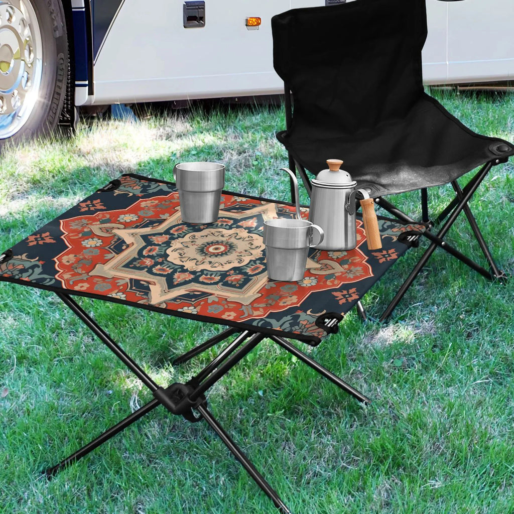 Indian Mandala Pattern Camping Folding Table Portable Beach Table with Storage Bag Compact Picnic Table for Outdoor Travel Fishing BBQ