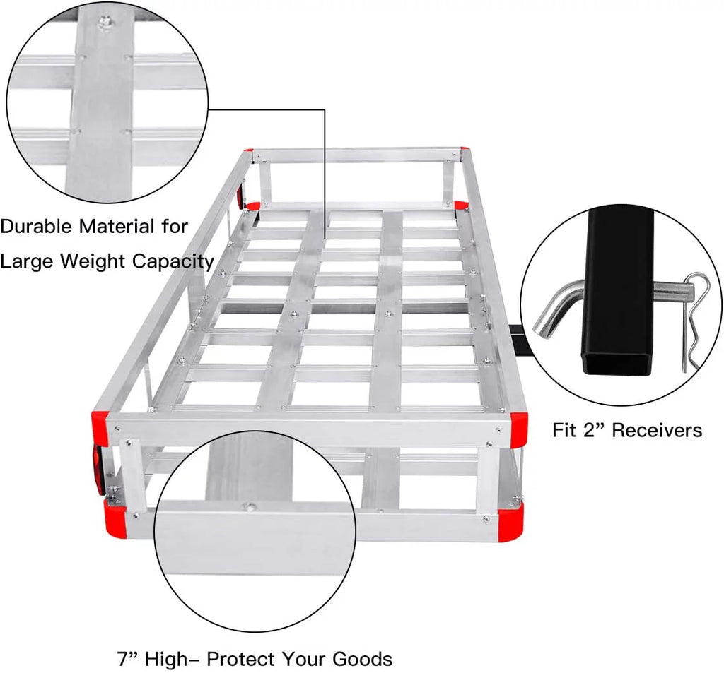 Hitch Cargo Carrier, Aluminum Trailer Hitch Cargo Carrier Fits 2” Receiver, 60” x 22” x 7” Mount Luggage Rack, Vehicle Cargo Basket for SUV, Truck, Car, 500LBS Capacity