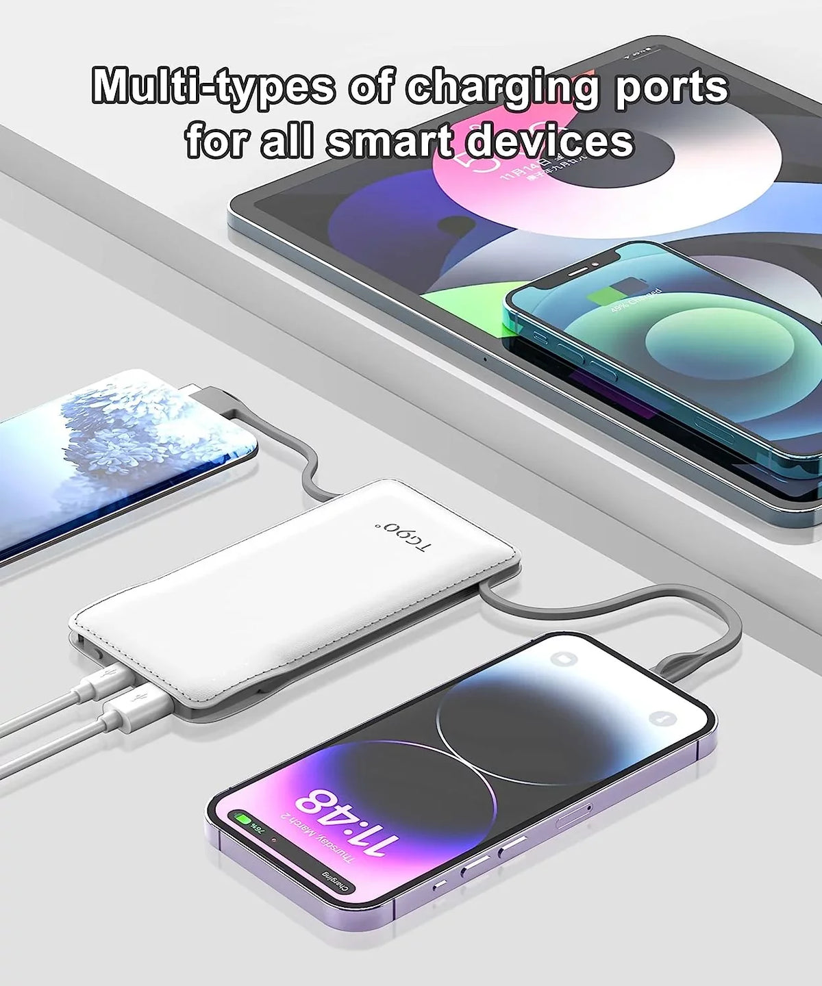 TG90 10000mah Power Bank External Battery Packs, Portable Charger with Built-in Lightning and Type-C Cable for Cell Phone Battery Backup, Portable Phone Charger Compatible with iPhone, Android Phones White