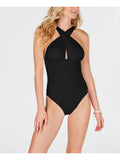 MICHAEL MICHAEL KORS Women's Black Removable Cups Lined Ruched Convertible Halter One Piece Swimsuit 12