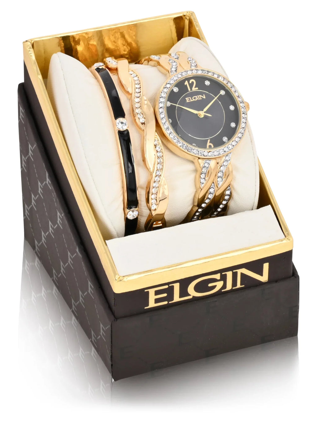 Elgin Adult Female Analog Watch Set with Round Black Dial in Gold (EG17006GST)
