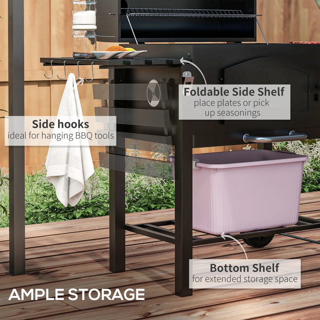 CoSoTower Charcoal Grill, BBQ with Adjustable Height, Portable Barbecue with Folding Shelves, Thermometer, Bottle Opener & Wheels for Outdoor Camping, Picnic, Patio, Backyard, Black