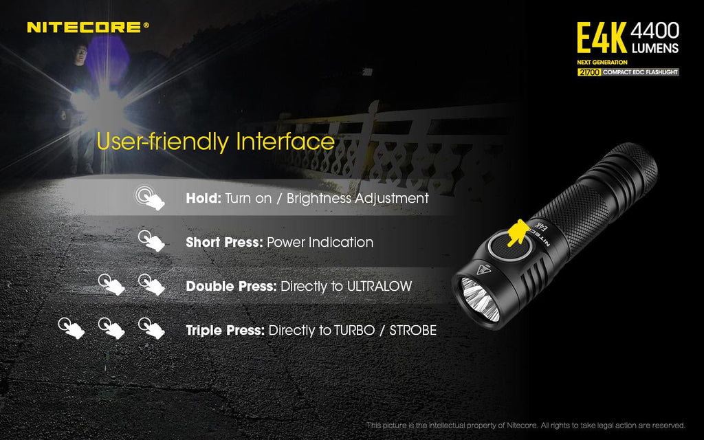 Combo: NITECORE E4K Flashlight -1x NITECORE 21700 Rechargeable Li-ion Battery Included w/Offset Mount