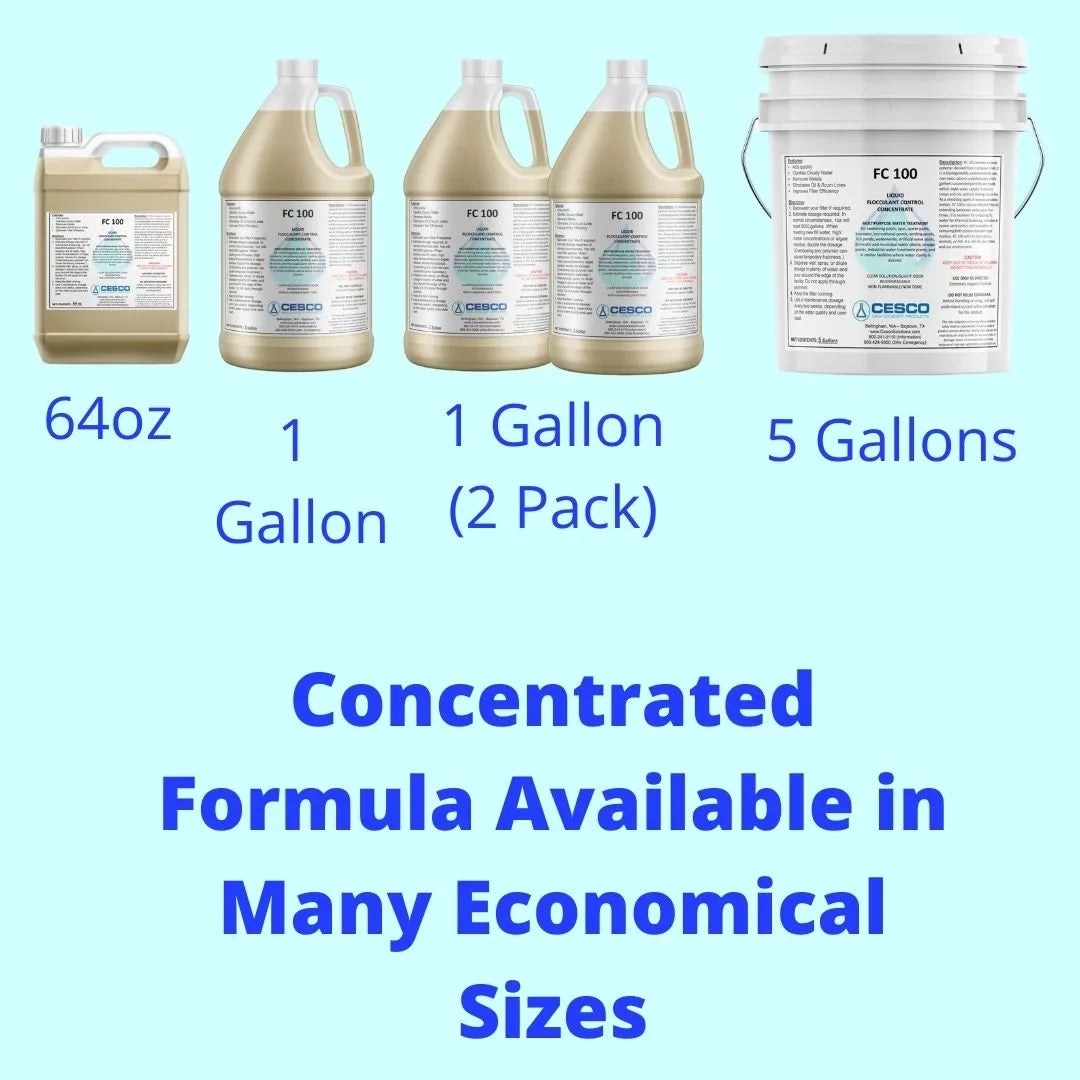 Cesco Solutions FC-100 Flocculant Clarifier - Concentrated Fluid Cleaning Liquid for Swimming Pool, Pond, Spa - Non-Toxic Pool Chemicals - Eco-Friendly, Safe Pool Supplies - 64 Oz