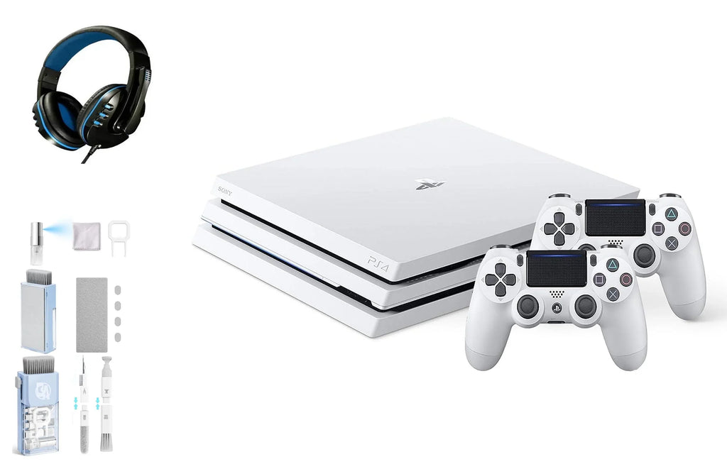 PlayStation 4 Pro 1TB Gaming Console Glacier White Headset 2 Controller With BOLT AXTION Cleaning Kit Bundle Like New
