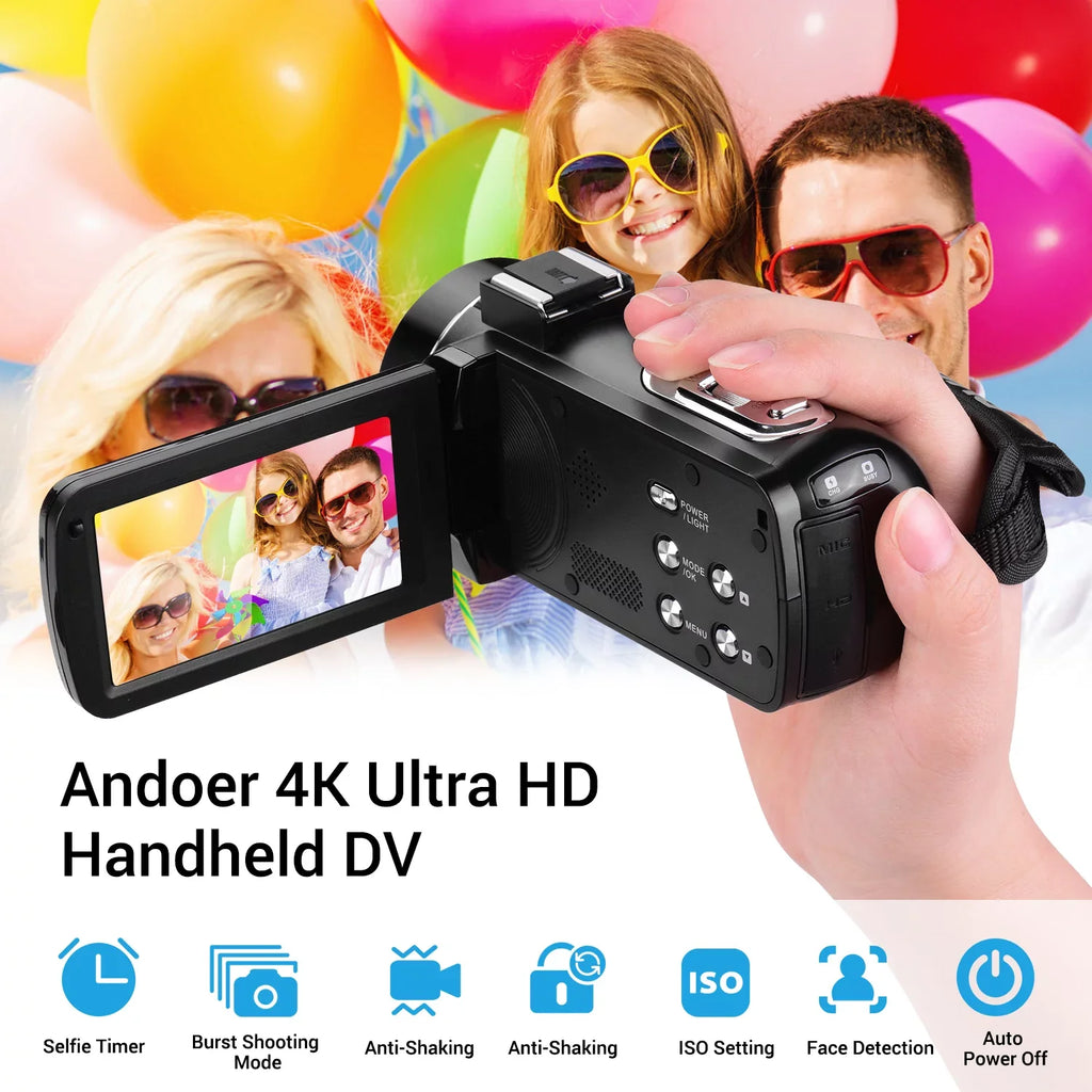 Andoer 4K Handheld DV Professional Digital Video CMOS Sensor Camcorder with 0.45X Wide Angle Lens with Macro Hot Shoe Mount 3.0 Inch IPS Monitor Burst -Shaking Function
