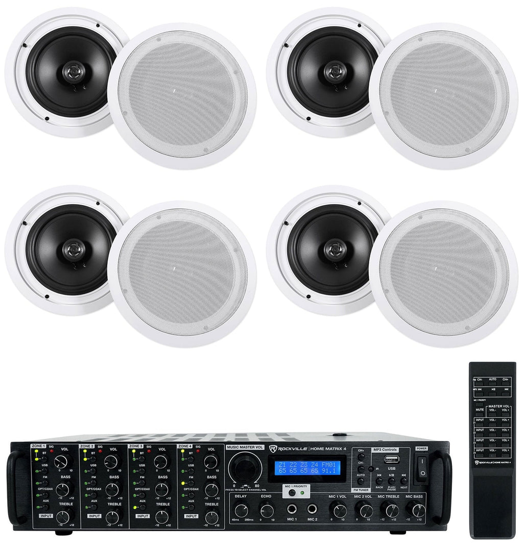 Rockville 4-Room Home Ceiling Speaker System w/ (8) 8" Speakers+4-Zone Receiver