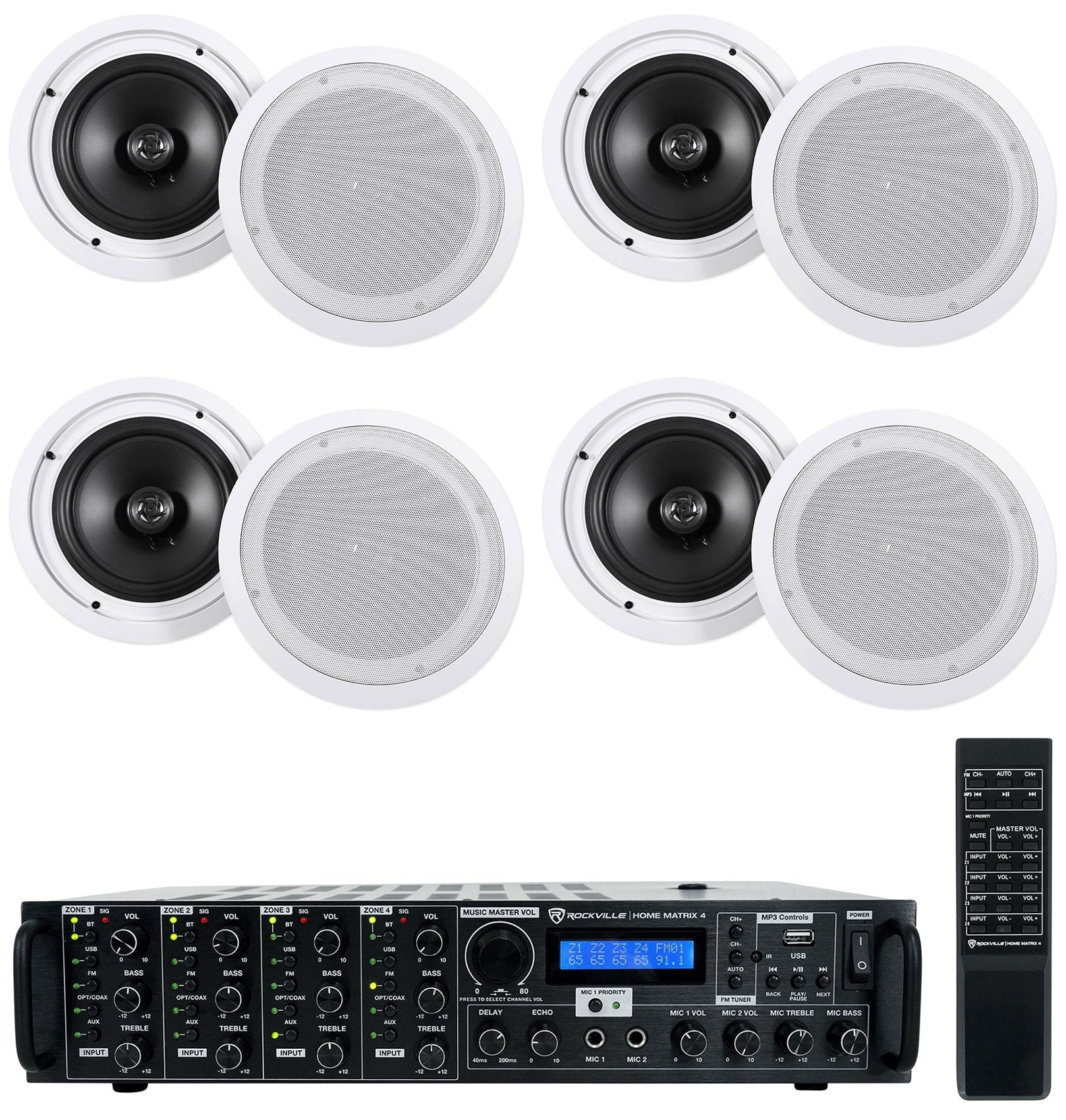 Rockville 4-Room Home Ceiling Speaker System w/ (8) 8" Speakers+4-Zone Receiver