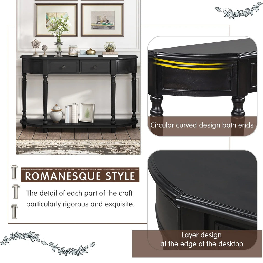 TREXM Retro Circular Curved Design Console Table with Open Style Shelf Solid Wooden Frame and Legs Two Top Drawers (Cherry + Antique Blue OLD SKU WF298768AAC)