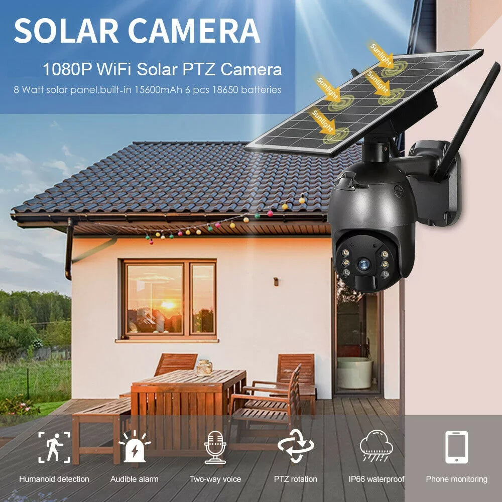 DFITO Wireless Solar Security Camera, 1080P HD Outdoor Camera WIFI PTZ Surveillance Security Camera CCTV IP66 Liquid AI Human Detection, 2-Way Audio, PIR Motion Detection
