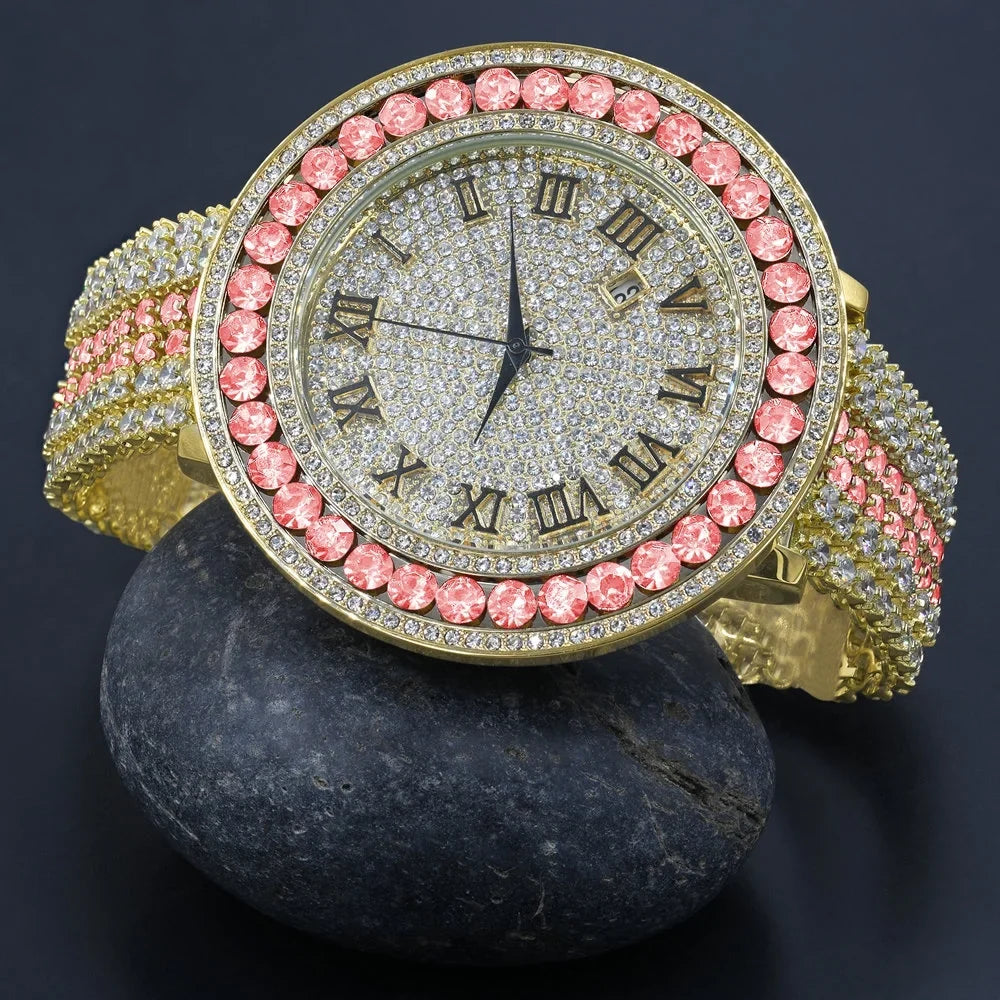 Mens Pink Tourmaline Roman Numeral Dial Big Face Simulated Diamond Gold Tone Jo Rodeo Adjustable Size Band Custom Watch