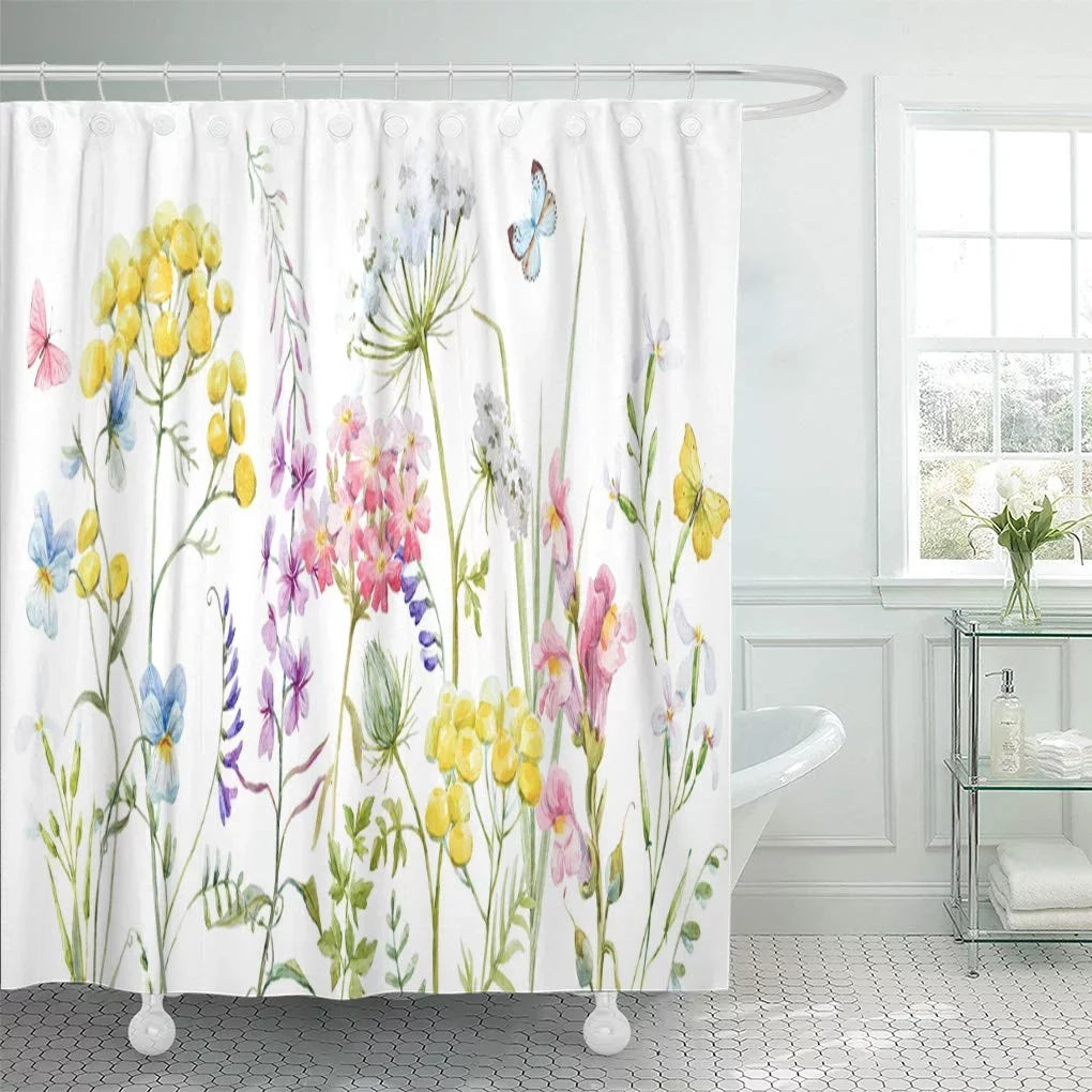 SUTTOM Fluid Wildflowers Tansy Yellow Buttercup Blue Pansies Tender Pink Shower Curtain 66x72 inch