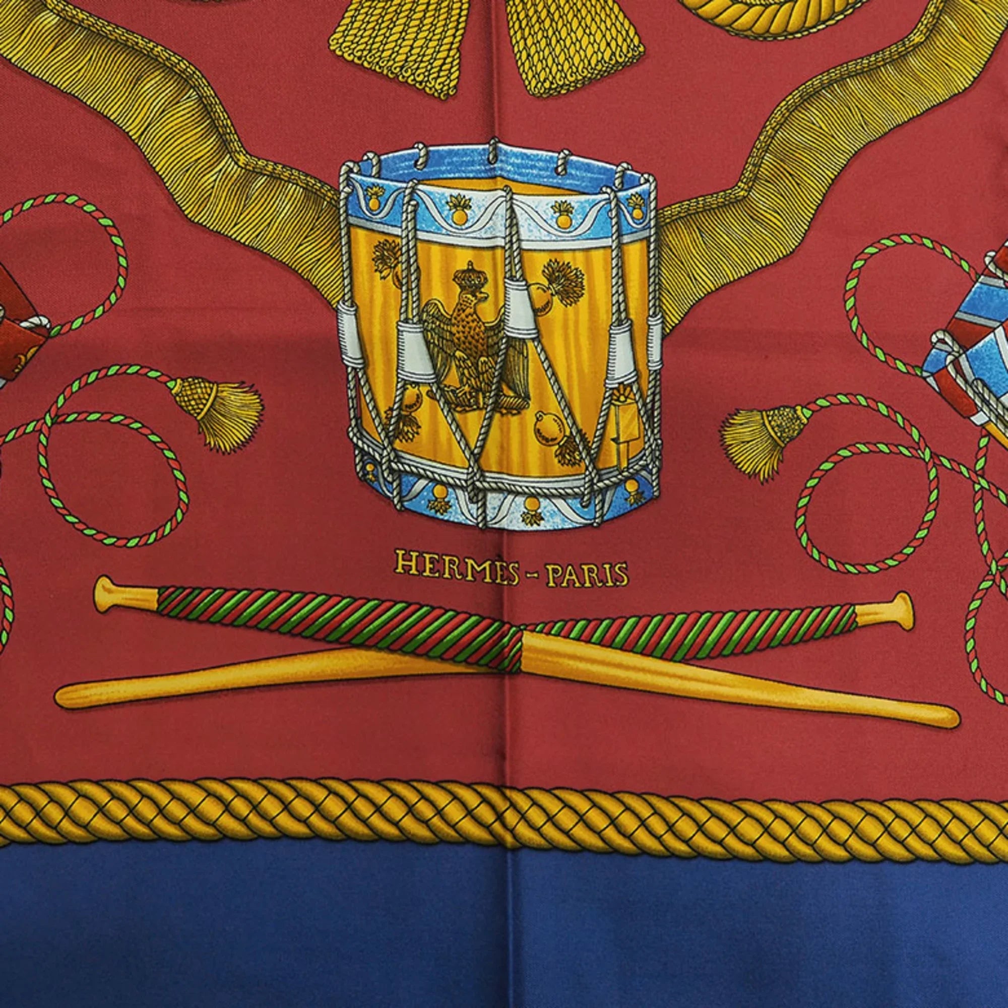 Pre-Owned HERMES Hermes Carre 90 LES TAMBOURS Tambour Taiko Blue x Red Scarf Muffler (Good)