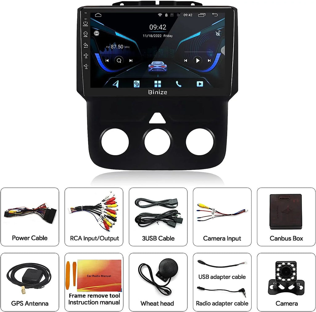 Binize Android 12 Double Din Car Stereo for Dodge Ram 1500 2500 3500 Radio 2013-2018, 9" in-Dash Navigation GPS Unit with Wireless CarPlay/Android Auto/AM/FM/Backup Camera/DSP/SWC/BT/WiFi/2+32GB