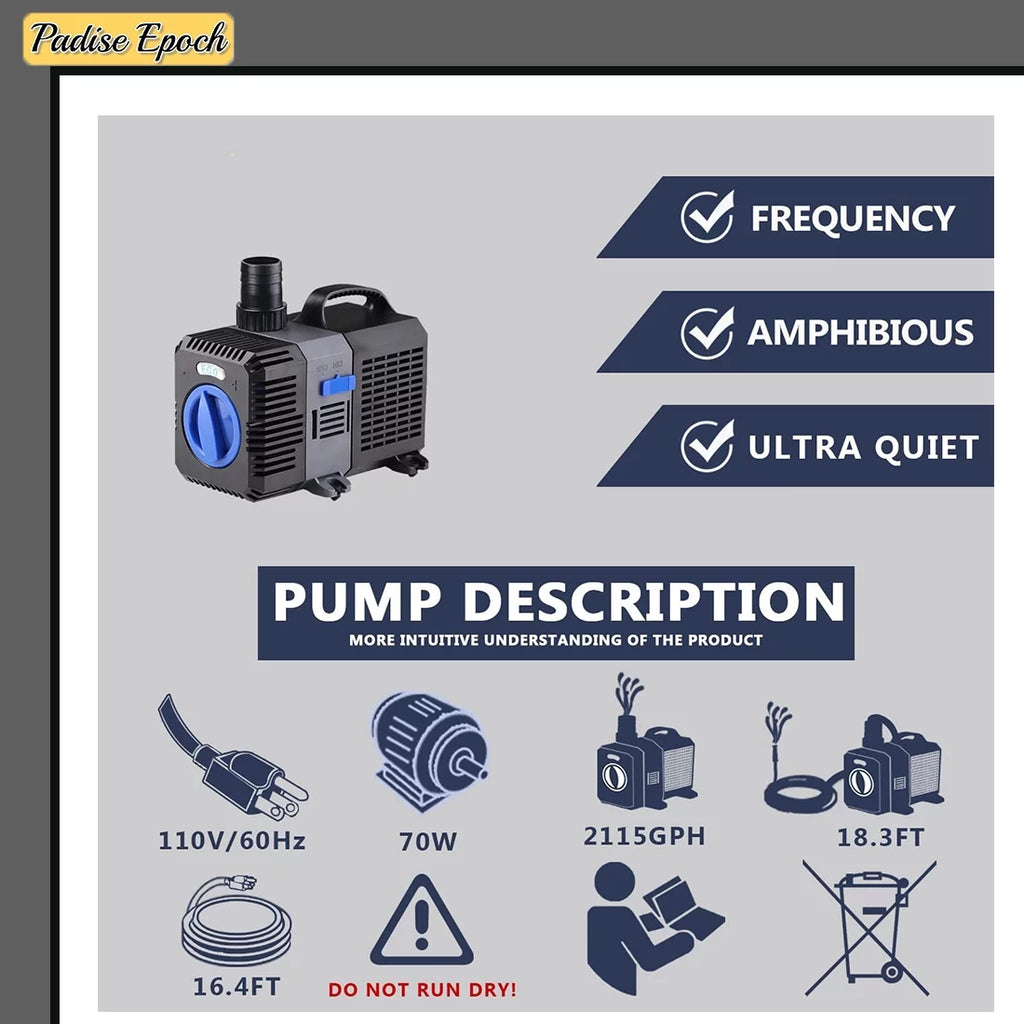 2115GPH Big Flow Adjustable Frequency Inline Fish Tank Fountain Aquarium Liquid Salt Fresh Pond Submersible Filter Liquid Pummp With Ceramic Shaft