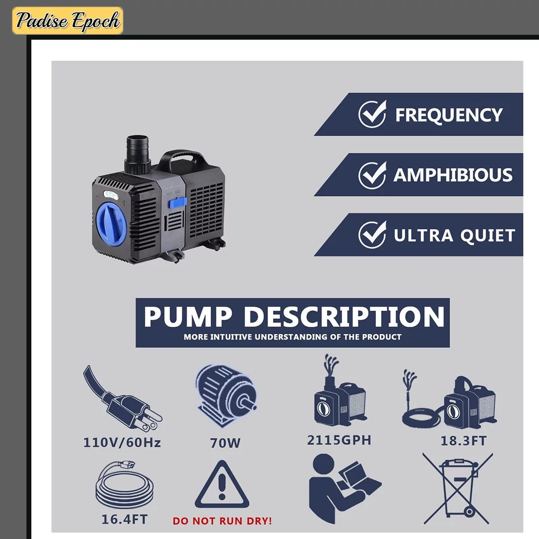 2115GPH Big Flow Adjustable Frequency Inline Fish Tank Fountain Aquarium Liquid Salt Fresh Pond Submersible Filter Liquid Pummp With Ceramic Shaft