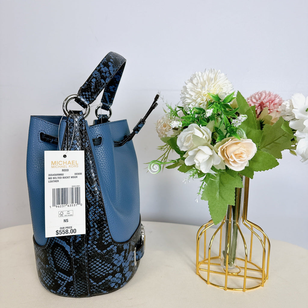 Michael Kors 35S4S6RM6U Reed Medium Leather Belted Bucket Crossbody Messenger IN DENIM