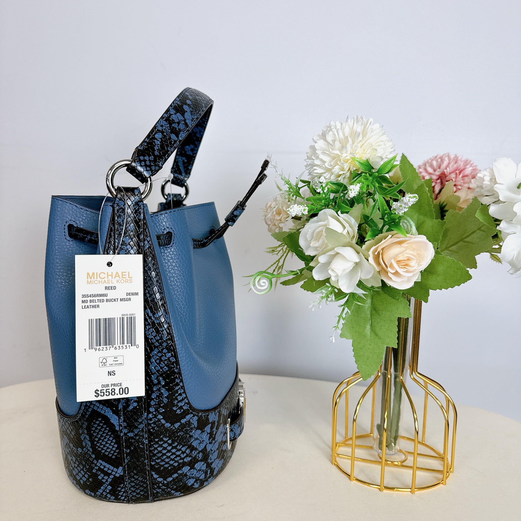 Michael Kors 35S4S6RM6U Reed Medium Leather Belted Bucket Crossbody Messenger IN DENIM