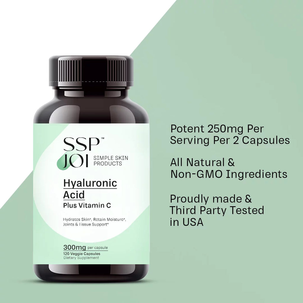 SSPJOI Hyaluronic Acid 250mg with 50mg Vitamin C per Capsule - 120 Veggie Capsules - Supports Skin Hydration, Youthful Skin, Joints Lubrication