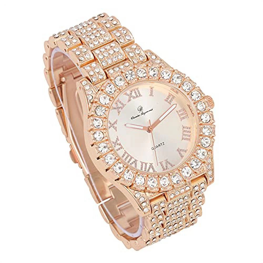 Charles Raymond Mens Silver Big Rocks with Roman Numerals Fully Iced Out Colorful Dial Wristwatch w/Blinged Out Cuban Shiny Silver Bracelet - ST10327 RN Cuban (Rose Gold)