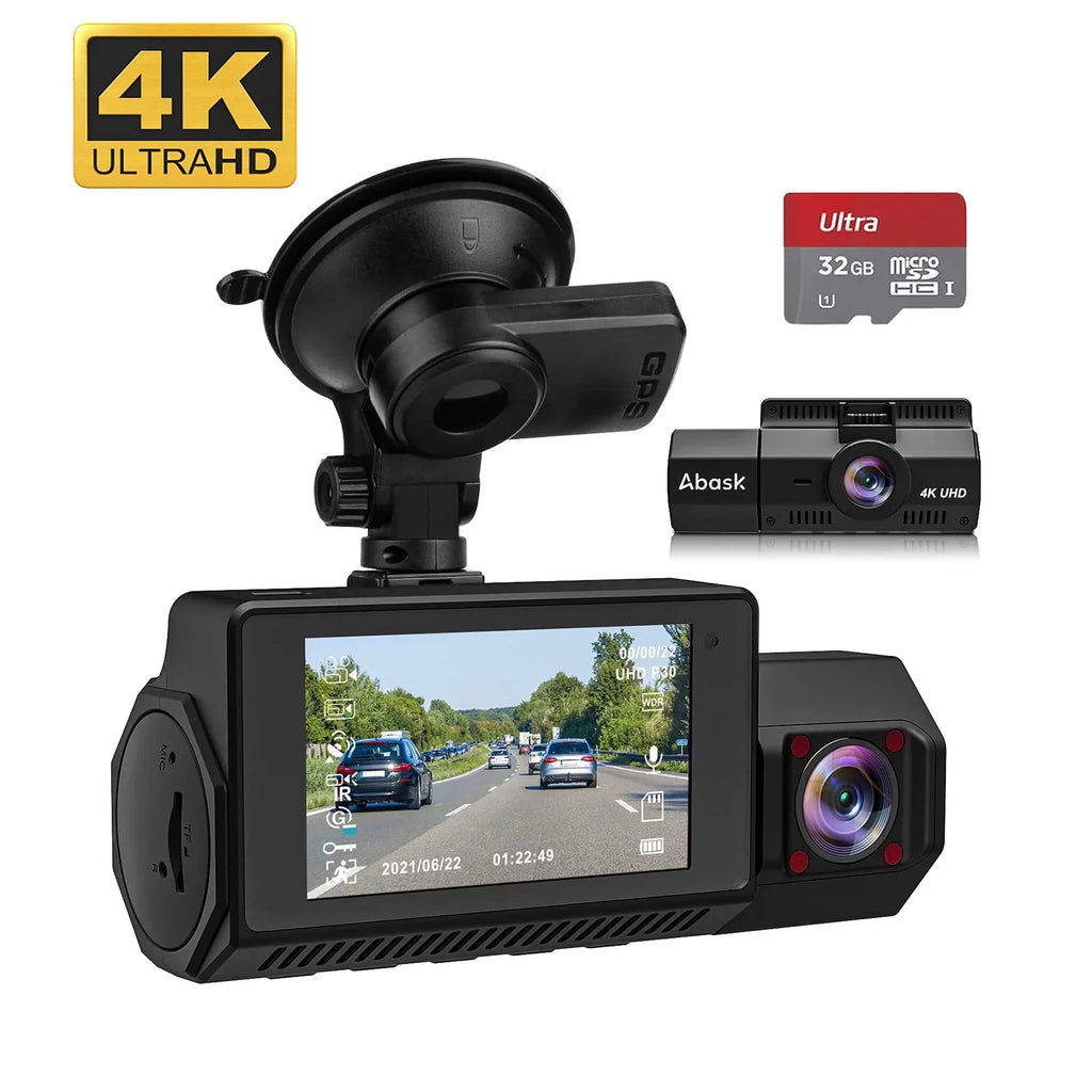 Abask A8 Dashcam Front and Inside 4K 1080P Dual cam - Angle 170°/140° With Night Vision，GPS，Parking Mode，G-Sensor，Loop Recording，WDR - With 32GB Card