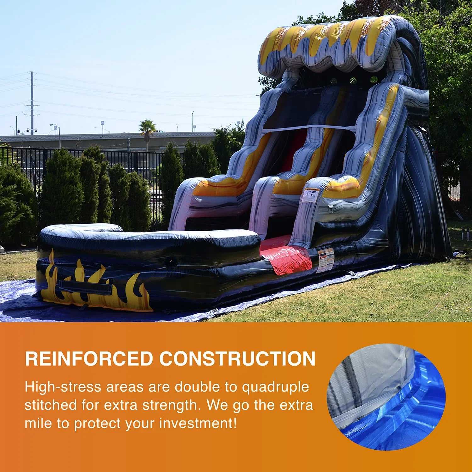JumpOrange Commercial Grade Fluid Slide Inflatable with Splash Pool for Kids and Adults (with Blower), Flame Theme