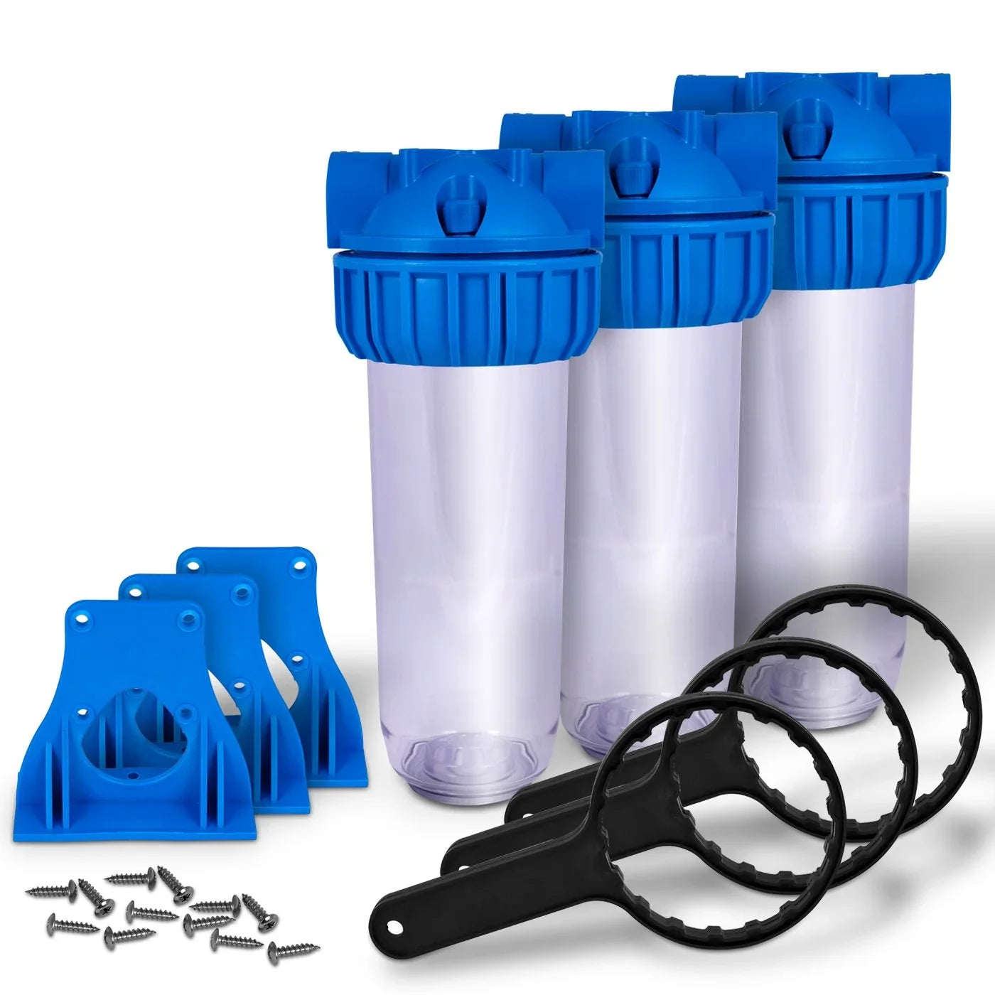 10" Transparent Standard Housing for Whole House Liquid Filtration System, 3/4 Brass Port, Mounting Hardware Included! (3 PACK)