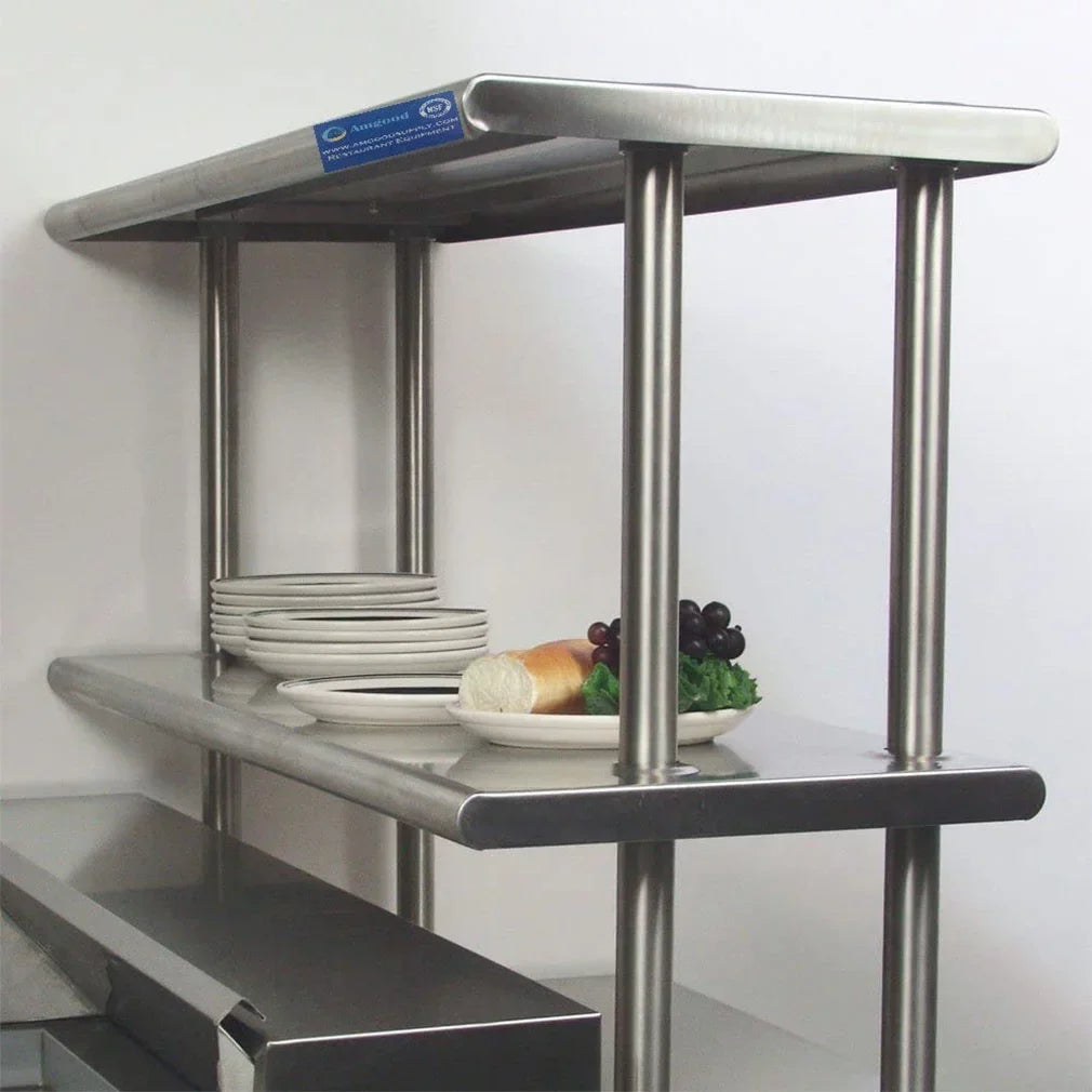 30" x 72" Stainless Steel Work Table With Two Shelves | 12" Wide Double Tier Overshelf | Metal Kitchen Prep Table & Shelving Combo