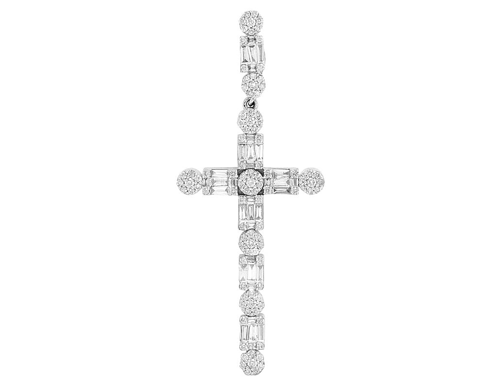 Unisex 10K White Gold Real Diamond Flower Cluster Baguette Cross 2" 1.2CT