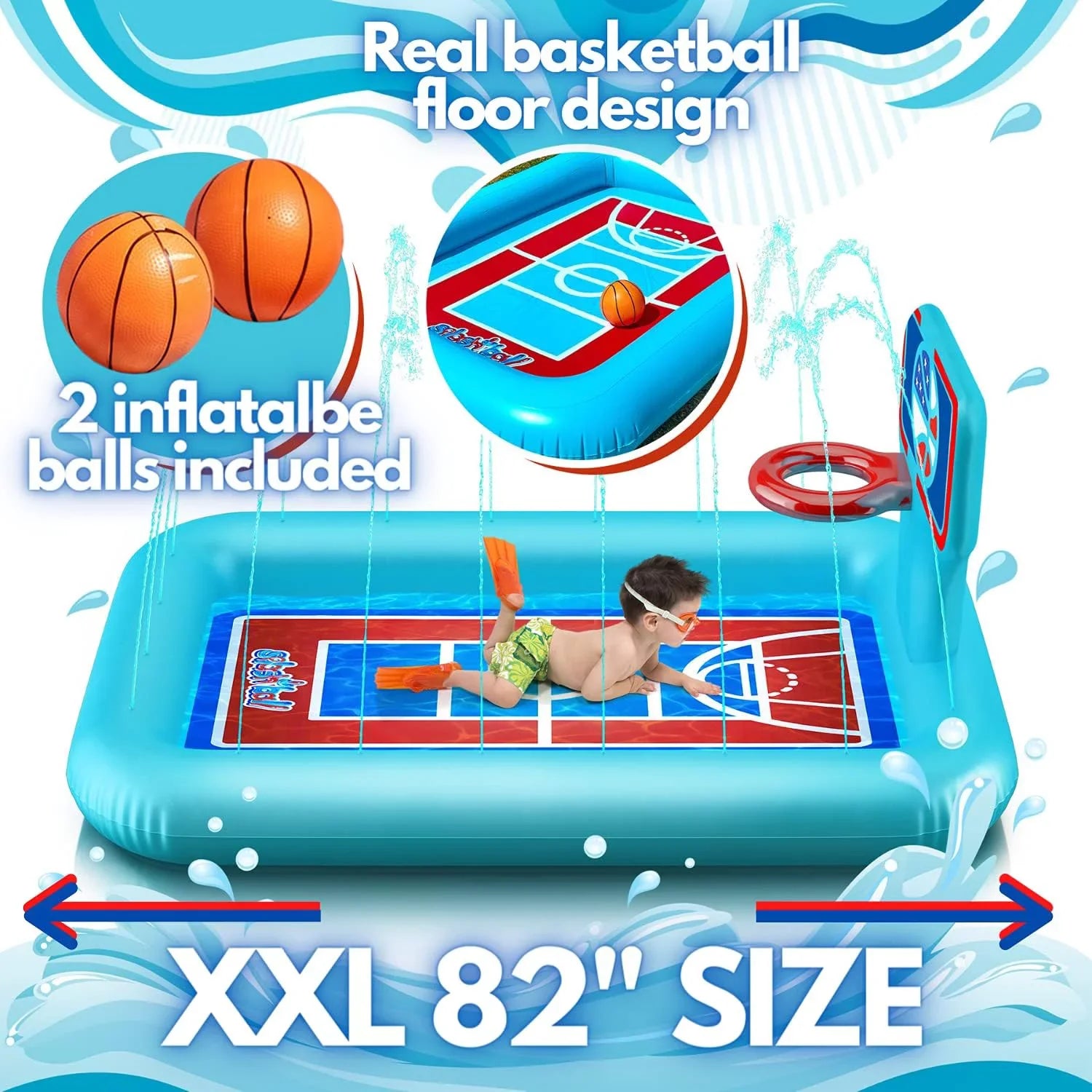 Splash Pool Pad With Sprinkler System, Hoop And 2 Inflatable Basketballs - Splash Pad For Kids - Kids Summer Toys And Liquid 82-inch.