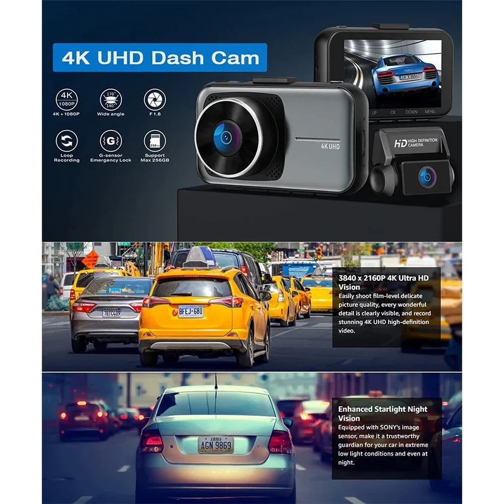 ONEMAYSHIP 3 Channel Dual Dash Cam Front Rear 4K/2.5K+1080P 3.16" Full HD Night Vision Wide Angle WDR 24H Parking Mode Support 256GB Max