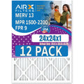 24x24x1 Air Filter MERV 13 Rating, 12 Pack of Furnace Filters Comparable to MPR 1500 - 2200 & FPR 9 - Made in USA by AIRX FILTERS WICKED CLEAN AIR.
