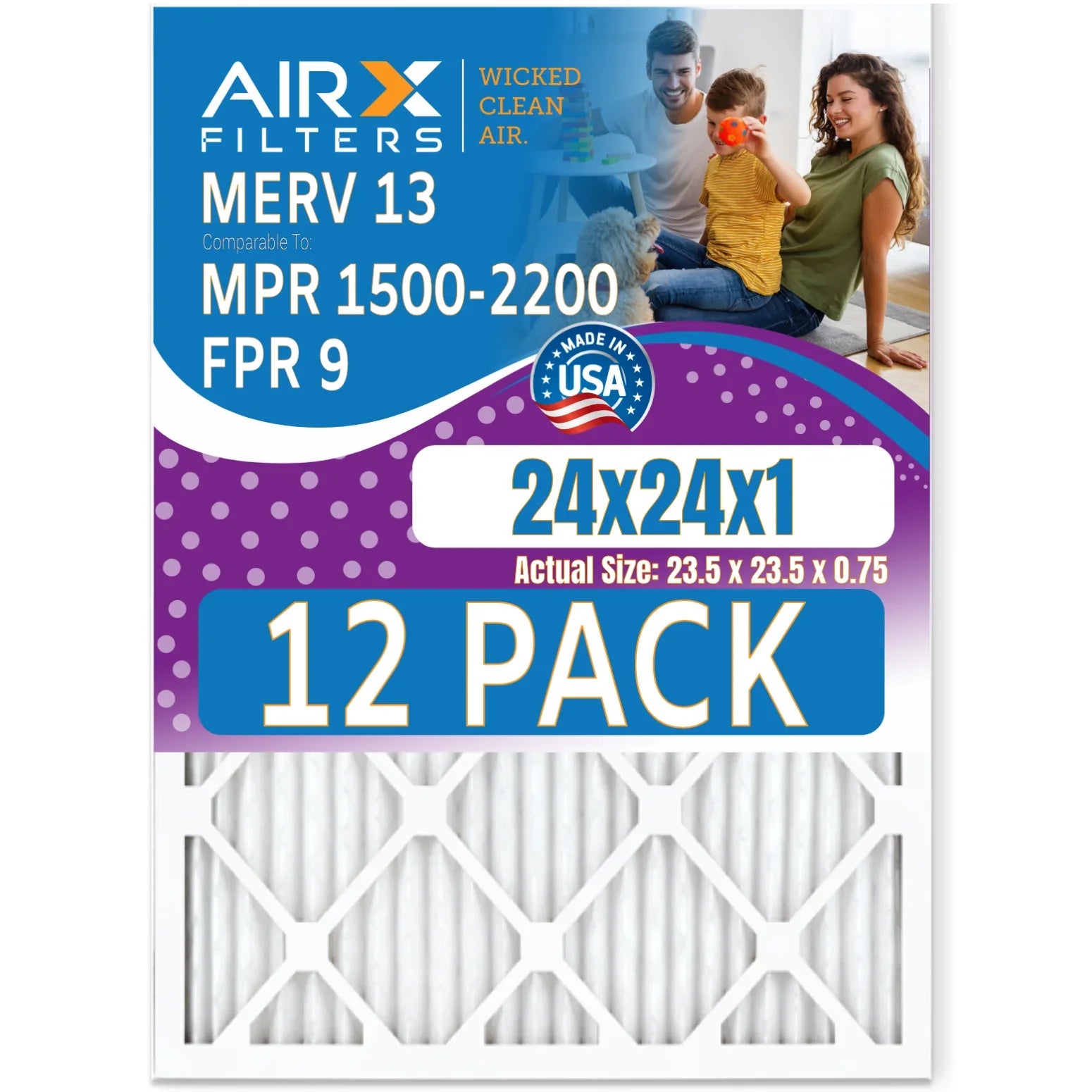 24x24x1 Air Filter MERV 13 Rating, 12 Pack of Furnace Filters Comparable to MPR 1500 - 2200 & FPR 9 - Made in USA by AIRX FILTERS WICKED CLEAN AIR.
