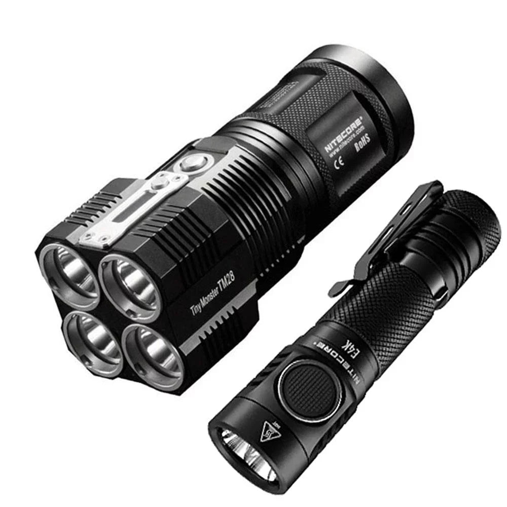 Outdoor Value Pack: Nitecore TM28 Searchlight and E4K Flashlight -Both can be Recharged on the go or at home