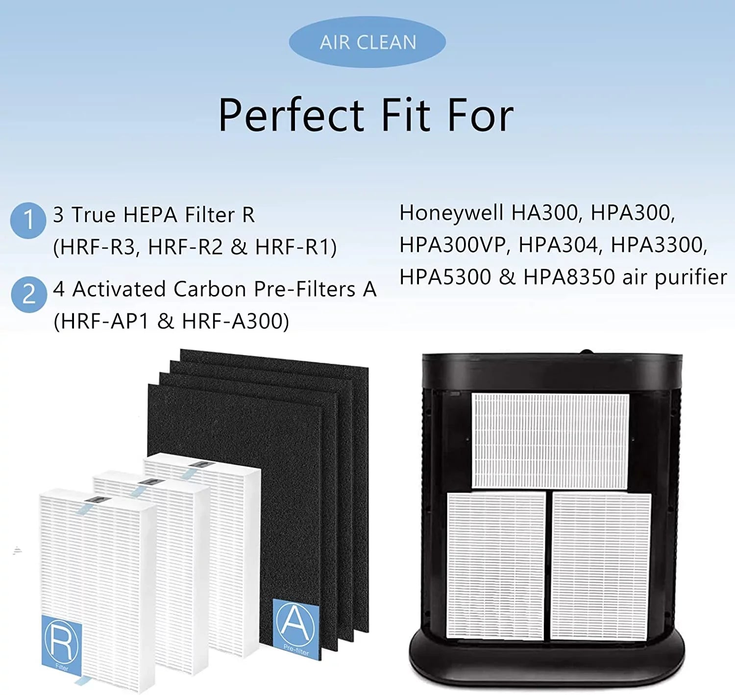 Air Purifier HEPA 13 Filter R, HRF-R3 Compatible with Honeywell Air Purifier HPA300 3 Pack with 4 Pack Precut Activated Carbon Pre-Filters Replacement HRF-AP1,Home Air Purifier Parts & Accessories