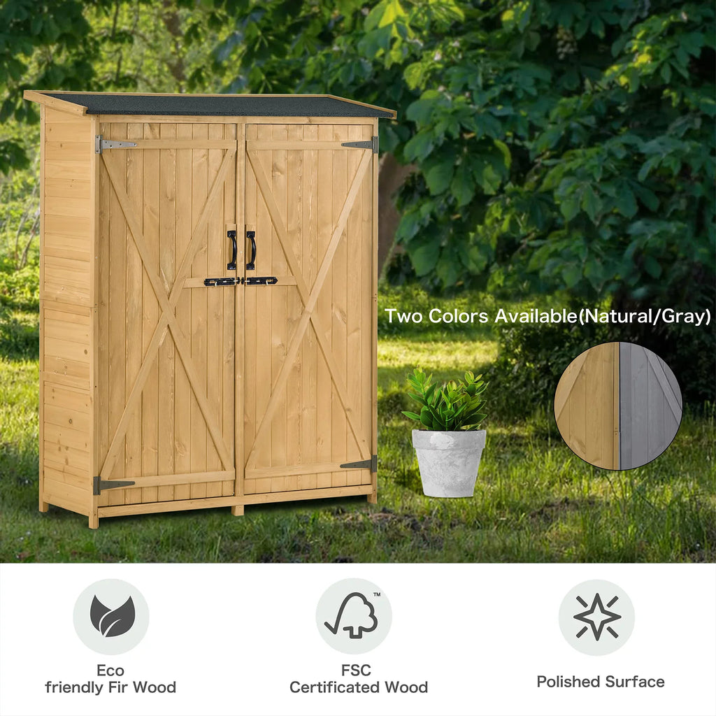 Outdoor 5.3ft Hx4.6ft L Wood Storage Shed Tool Organizer,Garden Shed, Storage Cabinet with Fluid Asphalt Roof, Double Lockable Doors, 3-tier Shelves for Backyard, Natural