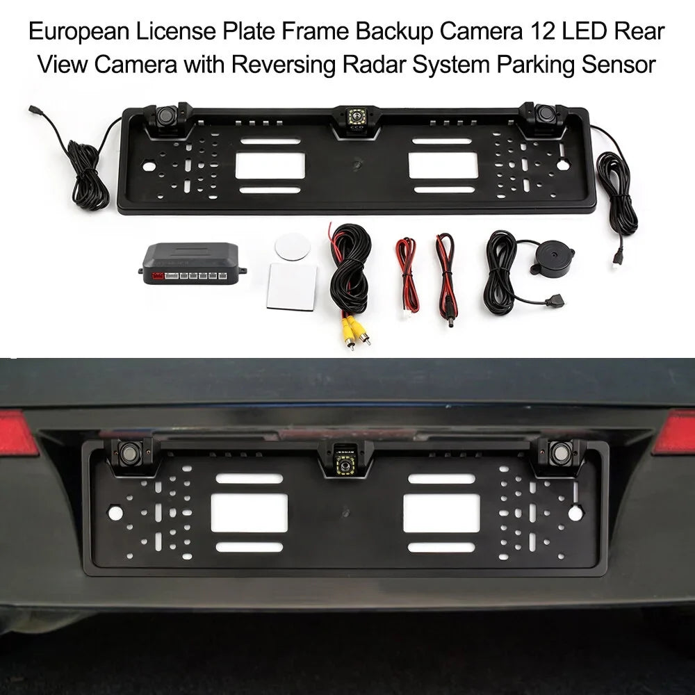 Apexeon European License Plate Frame Rear View Camera, Car Backup Camera with Reversing System, Parking Sensor