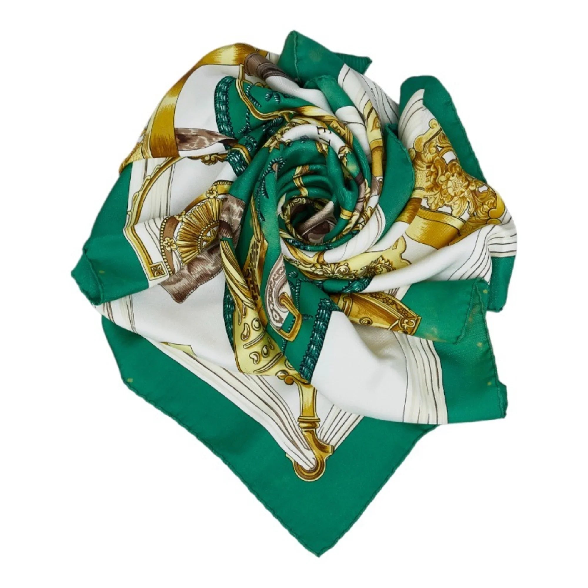 Pre-Owned Hermes Carre 90 ETRIERS Stirrup Pattern Horse Tack Scarf Muffler Green Multicolor Silk Ladies HERMES (Fair)