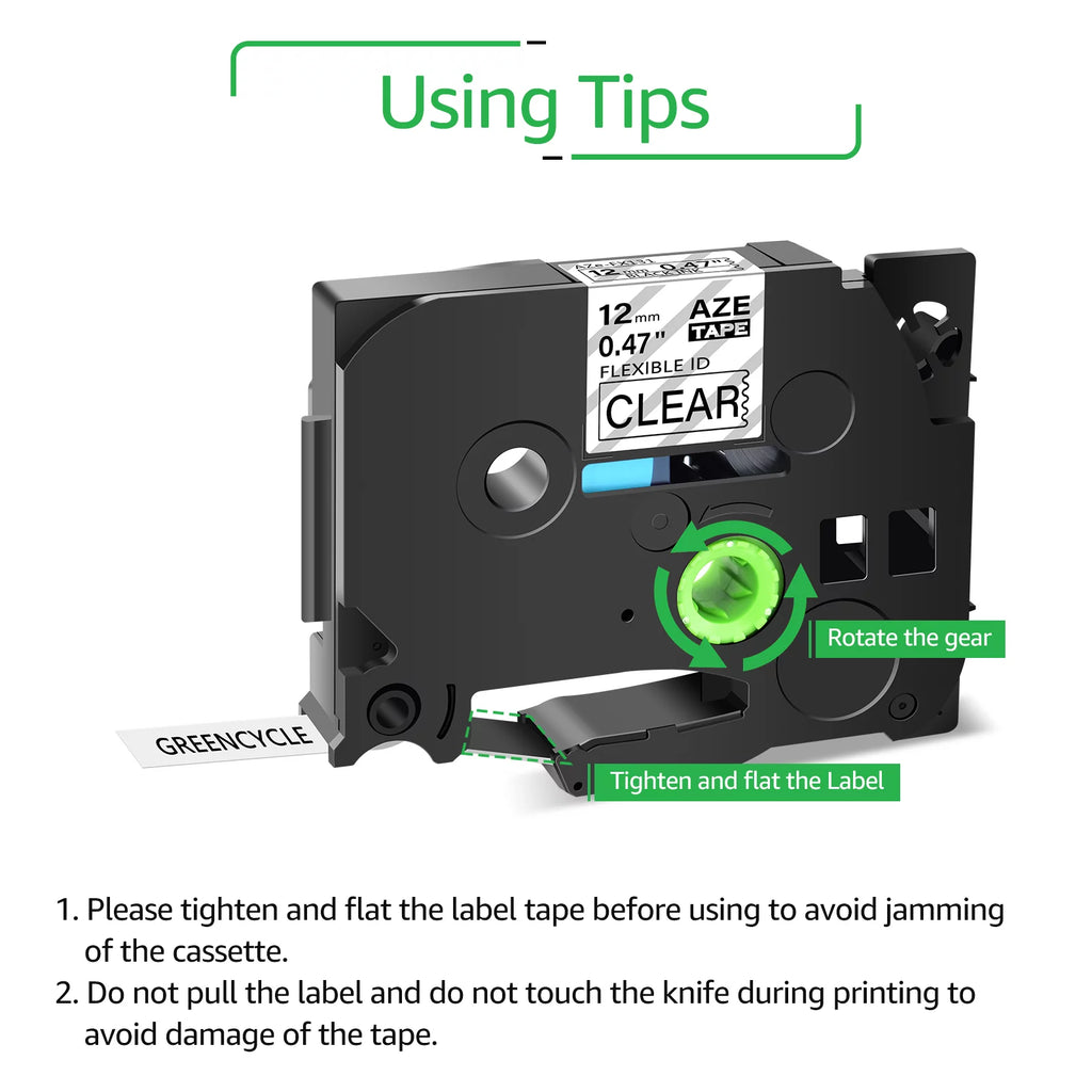 GREENCYCLE 10PK Compatible for Brother P-touch 12mm x 8m Black on Clear TZ TZe TZe-FX131 TZ-FX131 TZe-131 TZ-131 Flexible ID Cable Wire Label Tape