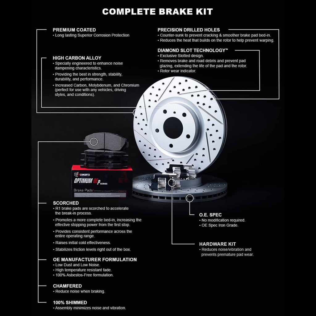 R1 Concepts Front Brakes and Rotors Kit |Front Brake Pads| Brake Rotors and Pads| Optimum OEp Brake Pads and Rotors |Hardware Kit WBUH1-67031
