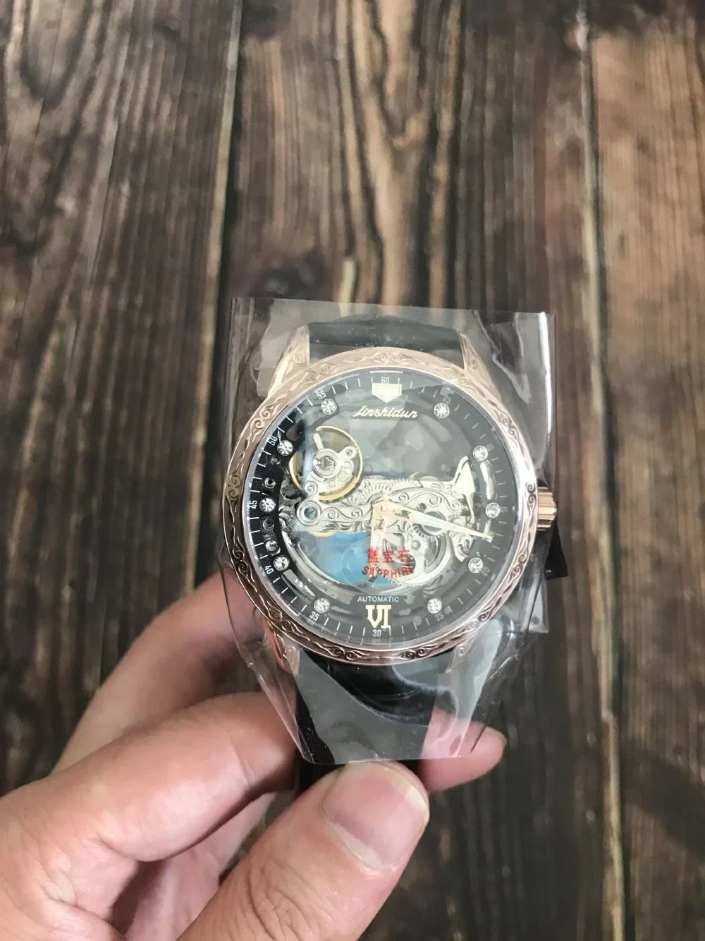 Men's Automatic Mechanical Transparent Skeleton Luminous Watch Rose Black