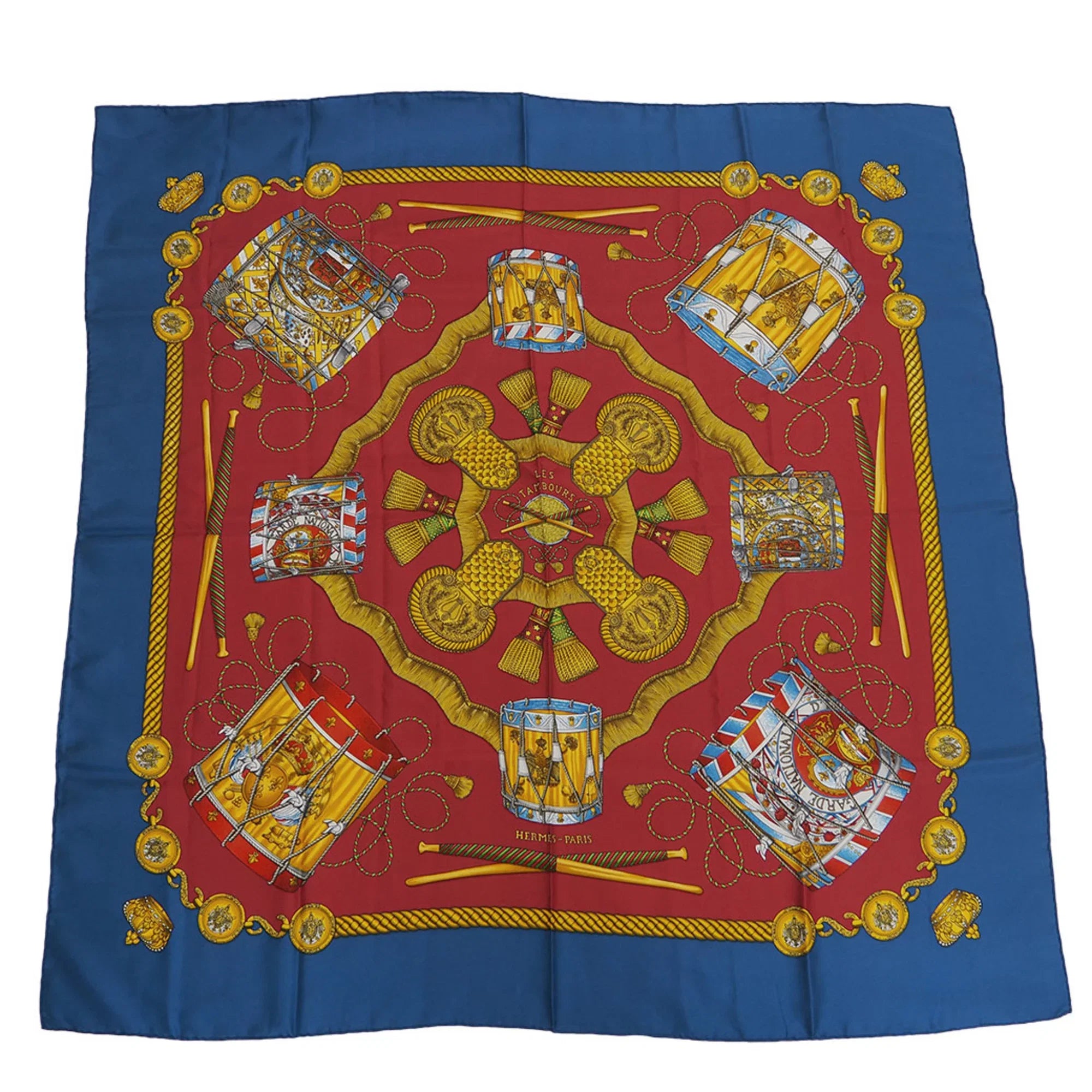 Pre-Owned HERMES Hermes Carre 90 LES TAMBOURS Tambour Taiko Blue x Red Scarf Muffler (Good)