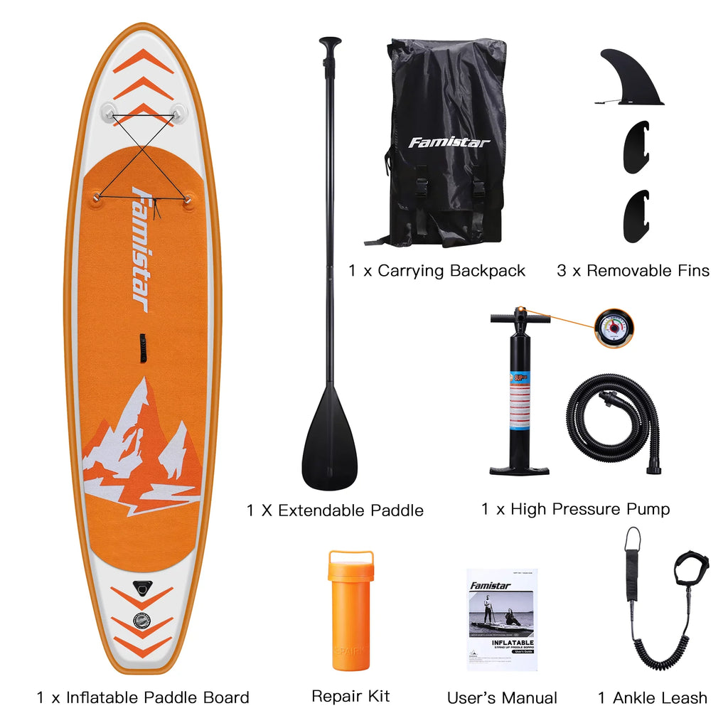 Famistar 10' Inflatable Stand Up Paddle Board (6"Thick) with SUP/ 3 Pins | Wide Stance, Bottom Fin for Paddling, Surf Control, Non-Slip Deck |Youth & Adult Standing Boat-Orange