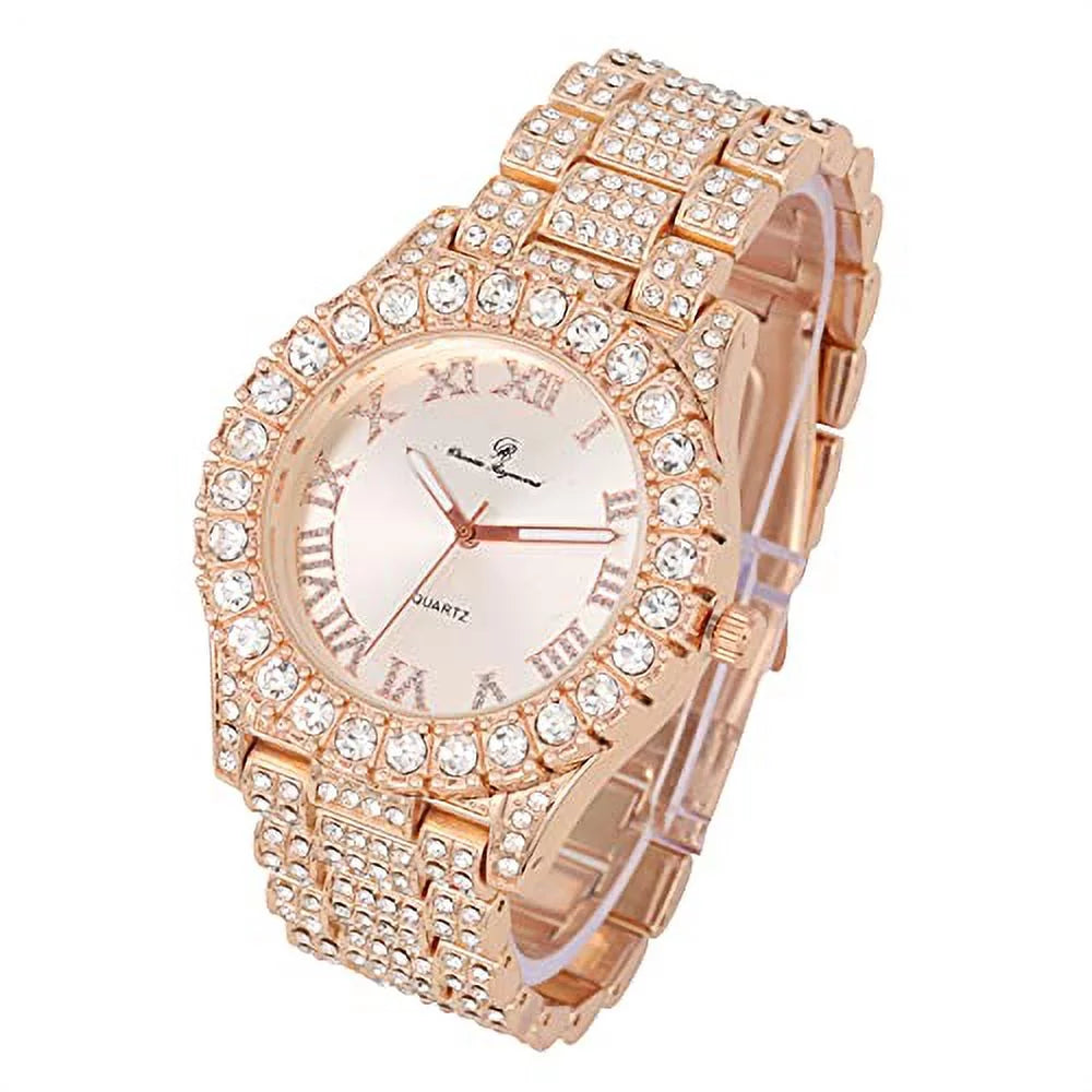 Charles Raymond Mens Silver Big Rocks with Roman Numerals Fully Iced Out Colorful Dial Wristwatch w/Blinged Out Cuban Shiny Silver Bracelet - ST10327 RN Cuban (Rose Gold)