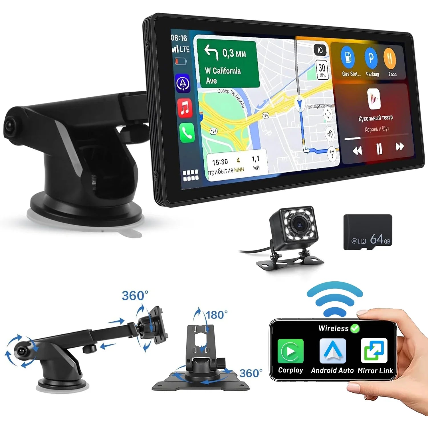 Podofo 7-32V 10.26" Portable Touch Display Car Stereo Radio Wireless Carplay Android Auto Mirror Link FM Bluetooth AUX for Car Suv Van Pickup Vehicles, with 64G Card&Backup Camera