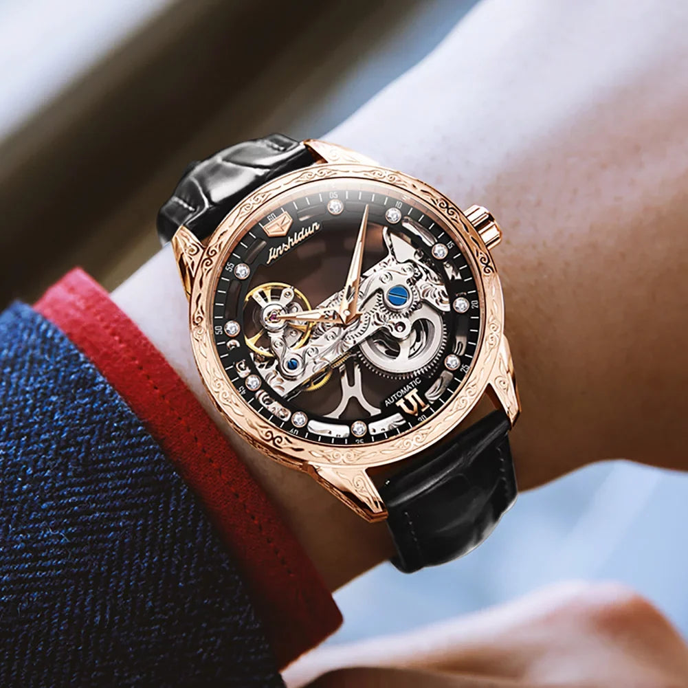 Men's Automatic Mechanical Transparent Skeleton Luminous Watch Rose Black